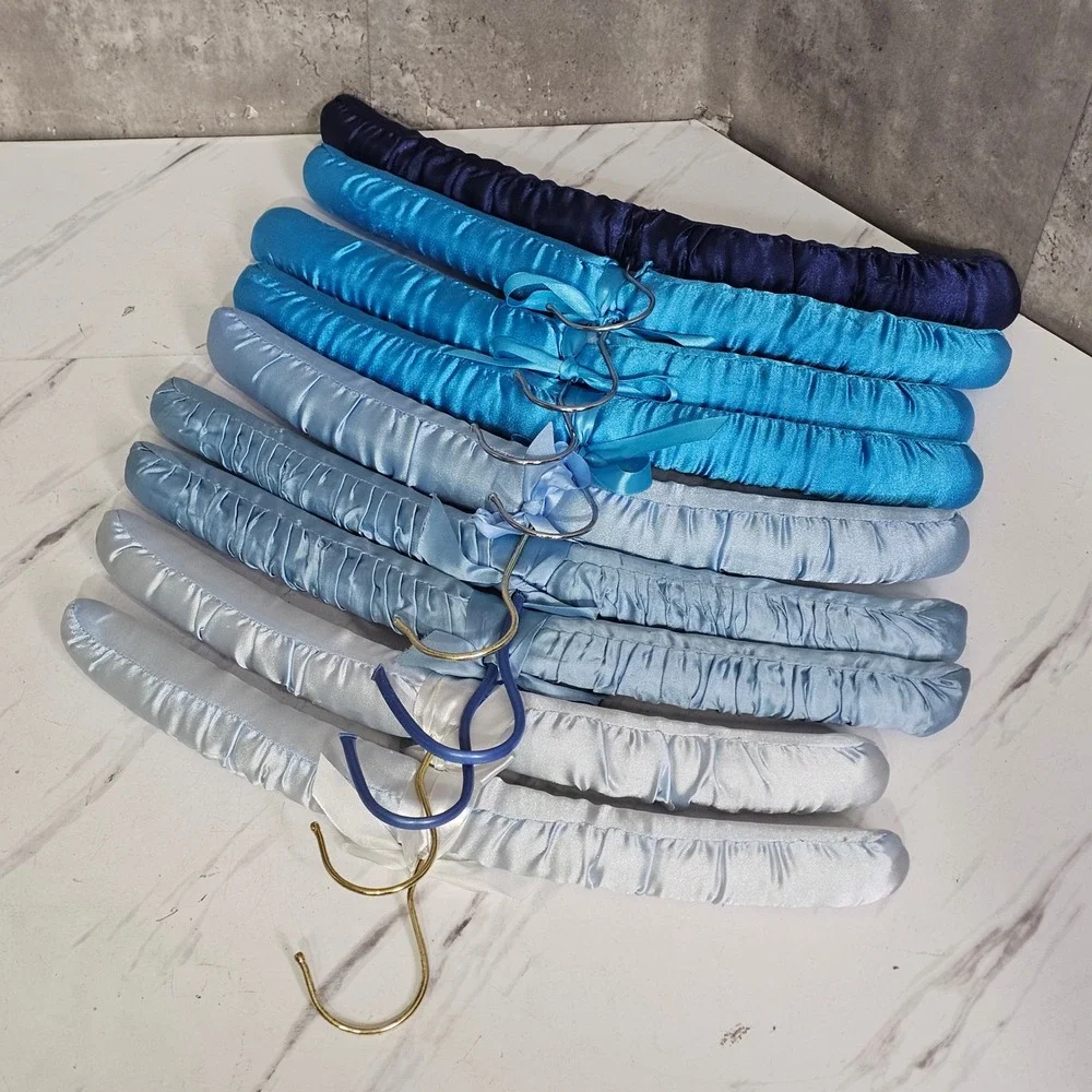 Vintage Satin Padded Clothes Hangers Blue Ombre Mixed Lot of 9 Closet Wardrobe